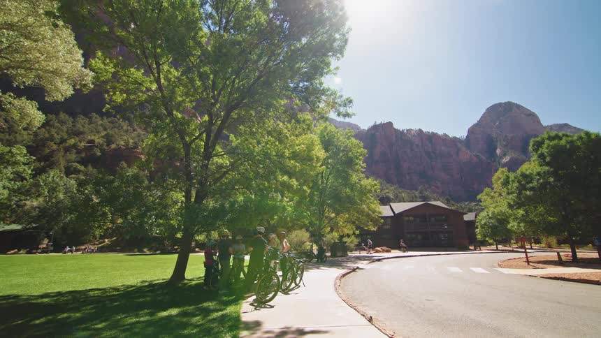 Cyclists gather under a tree near a park road with canyon cliffs behind