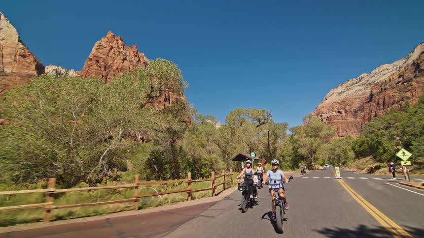 Women ride bikes on the park trail on a sunny day