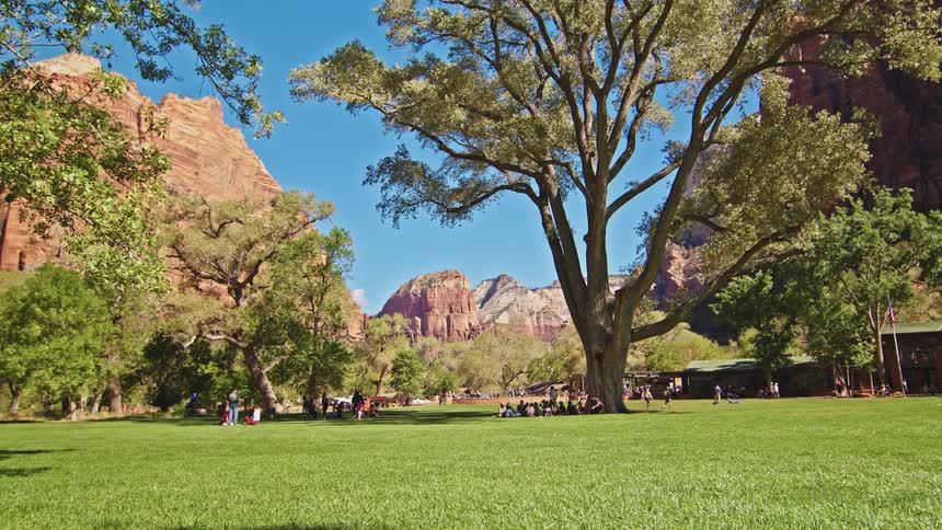 Trees and many people in a park surrounded by mountains