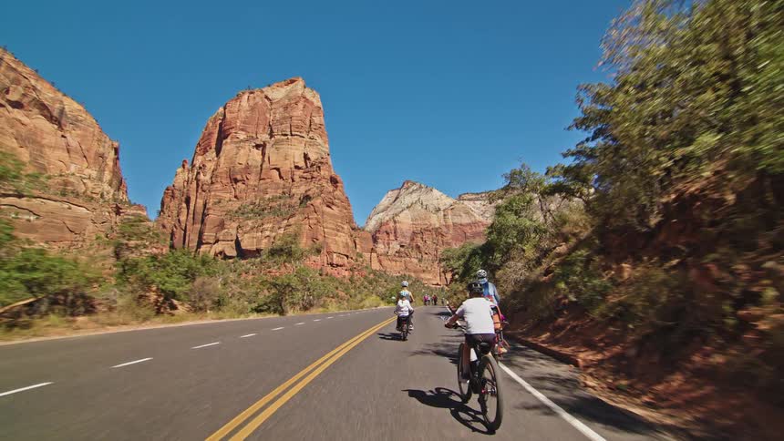 A group of people are riding bicycles down a paved road surrounded by towering red sandstone cliffs and vibrant green trees under a bright blue sky