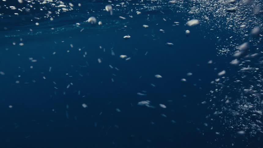 The constantly shifting dense and irregular mass of white bubbles forms a distinct boundary against the clear water marking the zone of highest turbulence