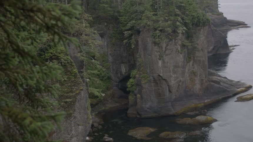 A rocky cliff borders a body of water