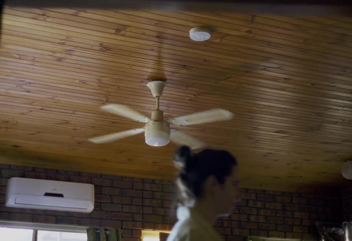 A ceiling fan is rapidly spinning beneath a woodpaneled ceiling casting a blur from its motion in the lower part of the frame a woman with her hair in a bun briefly walks into and then out of view
