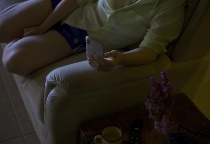 A person sits on a couch holding a smartphone in a cozy living room