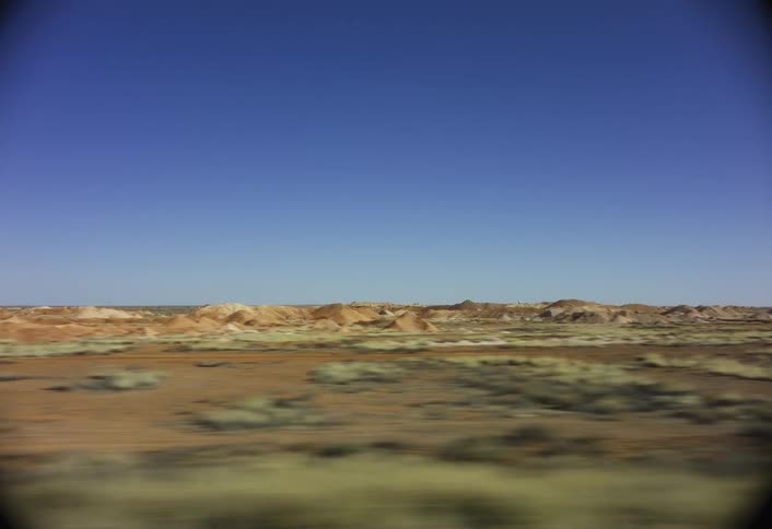 A shifting desert landscape with some small dunes and lowlying vegetation