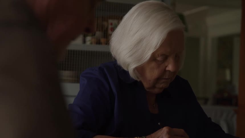 The video features a closeup of an elderly woman with white hair dressed in a dark blue shirtshe appears to be seated indoors looking downwards possibly engaged in a quiet activity with another person slightly visible in the blurred foregr