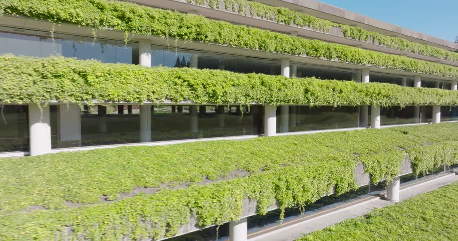 Subtle pivot along multiple levels of a modern minimalist office building with green terraces