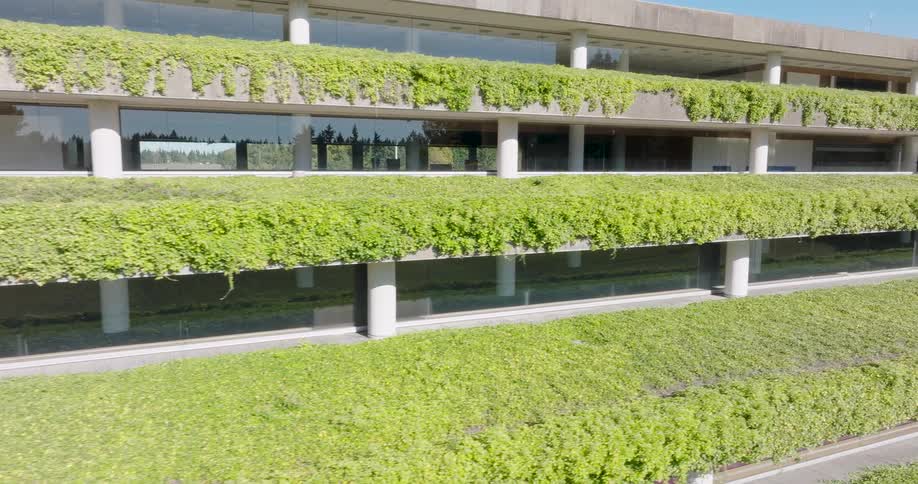 A long modern multistory building features a facade of gleaming glass windows and gray concrete balconies covered in abundant green ivy