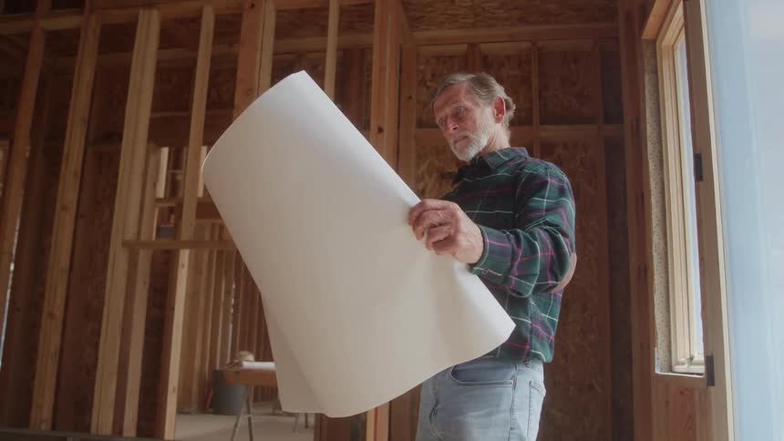 The man is looking at blueprints inside the home under construction