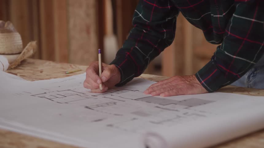 A close view shows the hands of an older carpenter wearing a red and green plaid shirt leaning over a wooden workbench while marking a detailed architectural blueprint with a pencil