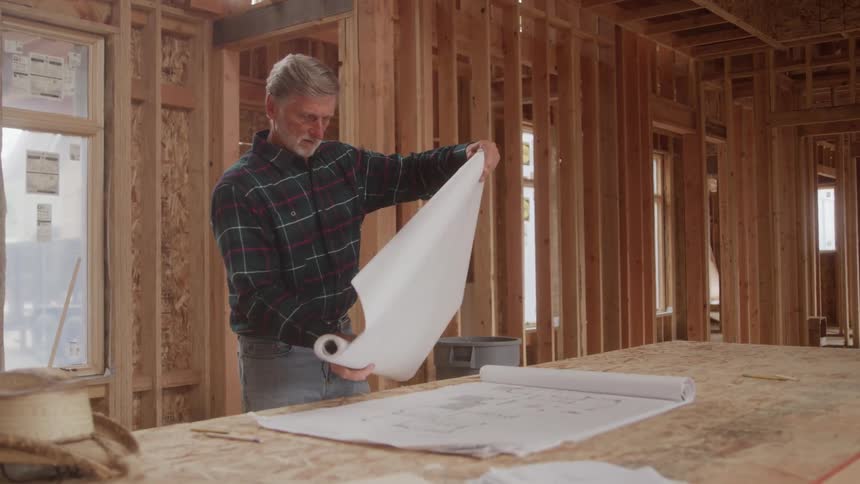 The video features a middleaged construction worker or architect standing inside the woodframed skeleton of a house under constructionhe is focused on unrolling and examining a large paper blueprint that is spread out on a makeshift table