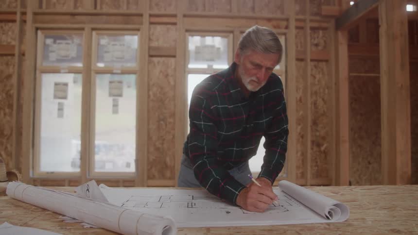 A middleaged man standing inside a building working on an architectural design at midday