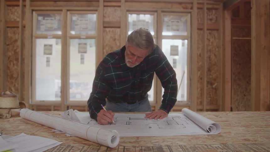 The man is writing on blueprints
