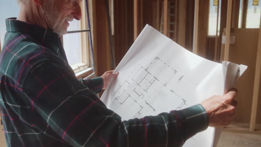 A side view shows a smiling older worker wearing a plaid shirt holding and reviewing a large architectural blueprint in a residential house under wooden frame construction