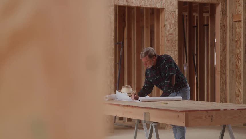 A middleaged man working on a building plan inside a building under construction using a large desk with his hat placed on the table at midday