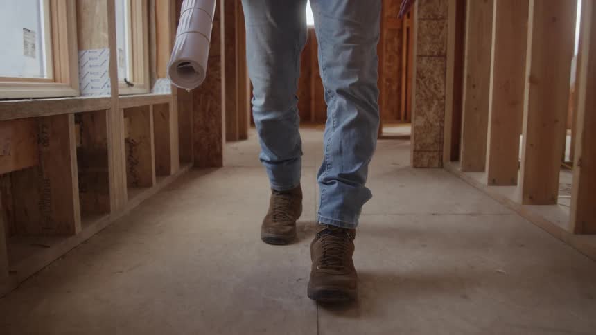 A lower body view shows a worker wearing blue jeans and work boots walking through a hallway on a construction site carrying a rolled up architectural blueprint in one hand