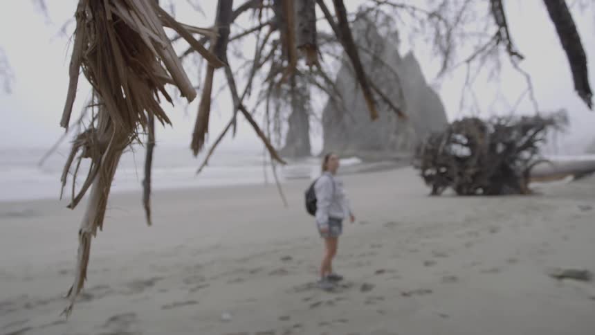 A woman stands on a sandy beach with a backpack