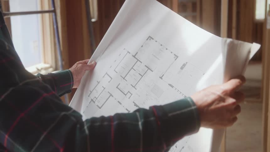 A person wearing a plaid shirt is holding and reviewing a large sheet of architectural blueprints or floor plansthe person stands inside a residential construction site with the wooden frame walls of the building visible in the background