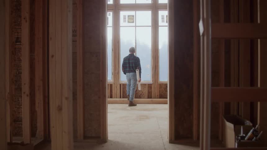 The man holds blueprints in front of the window inside the home under construction