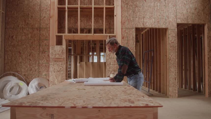 A middleaged man inside a building under construction working on building plans spread out on a table at midday