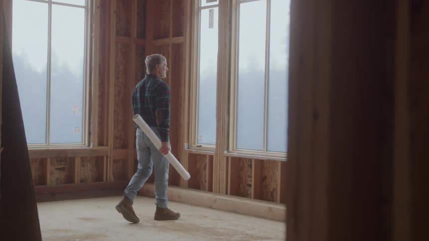 A middleaged construction engineer inside a building under construction walking toward the windows while holding a rolledup building plan on his arm at midday
