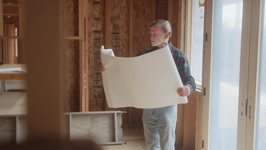 The video shows an older man likely a construction foreman or architect standing in the woodframed structure of a building under constructionhe is holding and examining a large unrolled blueprint or sheet of paper with bright natural light