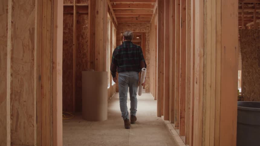 Man walks through a construction building site with the plans rolled up in his hand