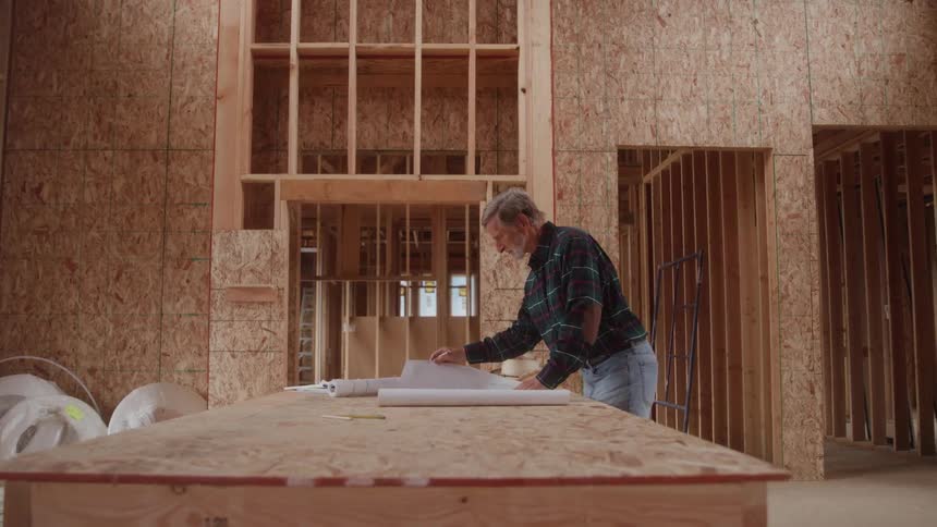 An older construction worker in a flannel shirt is leaning over a makeshift desk of plywood intently studying rolledout blueprints the unfinished room surrounding him is framed with exposed wooden studs and osb oriented strand board sheathing highli