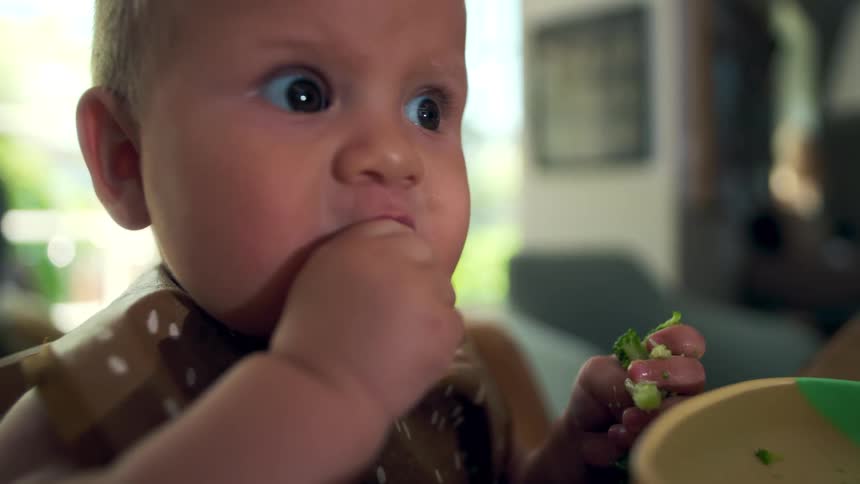 The baby is eating handfuls of broccoli