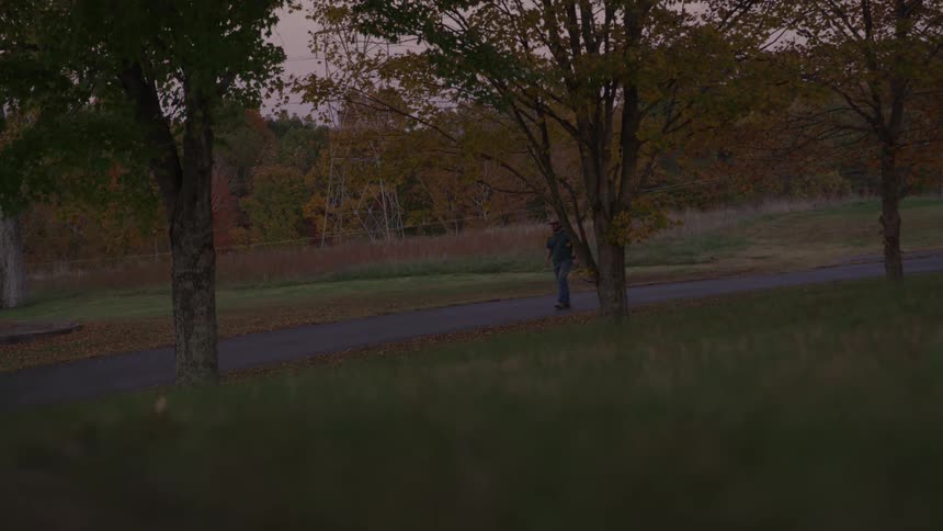 Man walks along a road between a field containing an electric transmission tower and a field dotted with trees in autumn