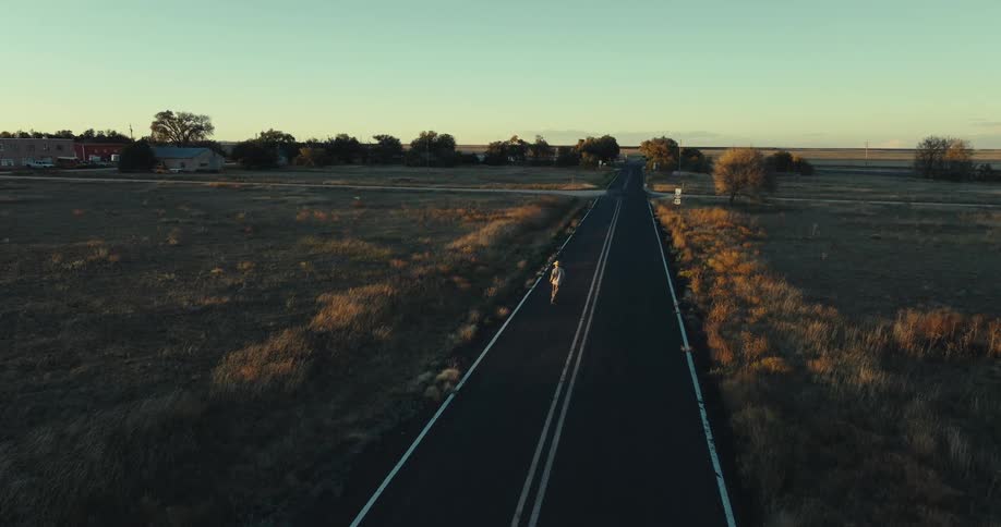 This highangle drone shot captures a lone person walking down the center of an empty straight twolane asphalt road at sunsetthe road is surrounded by dry grassy fields and leads toward a cluster of distant trees with a few buildings visib