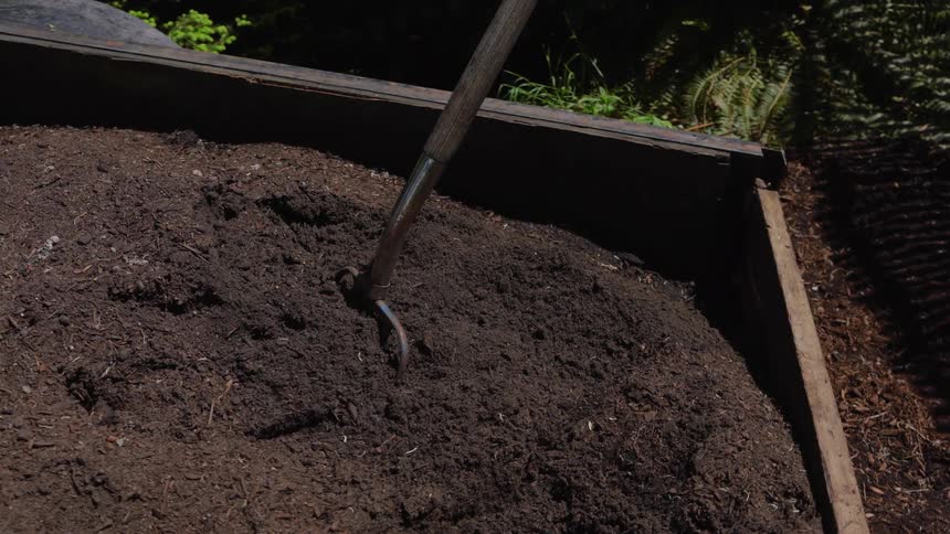 A highangle shot shows a pitchfork being plunged into a large pile of dark rich soil inside a wooden raised garden bed the scene is outdoors on a bright sunny day ready for gardening work