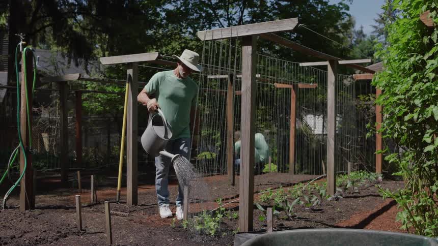 An older man stands outdoors while watering his garden