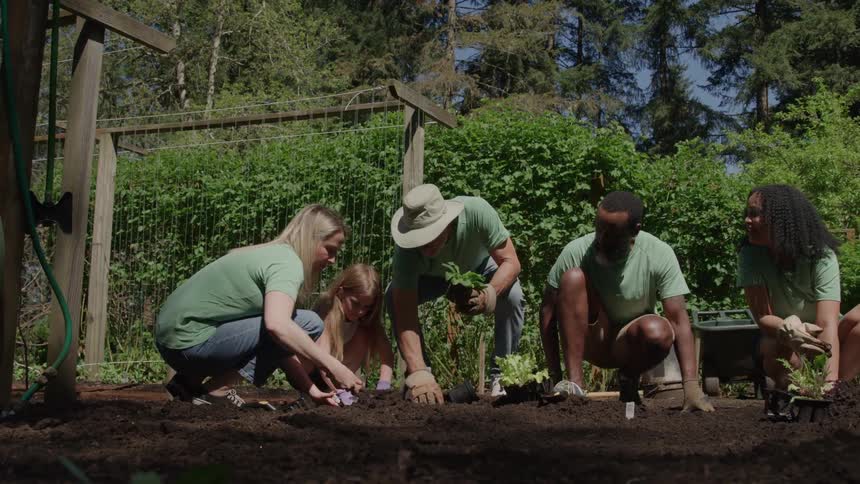 A group of four adults and one young girl all wearing matching green shirts are crouched down in a garden actively engaged in planting seedlings in the dark soil they appear to be a volunteer or family group working together on a sunny day