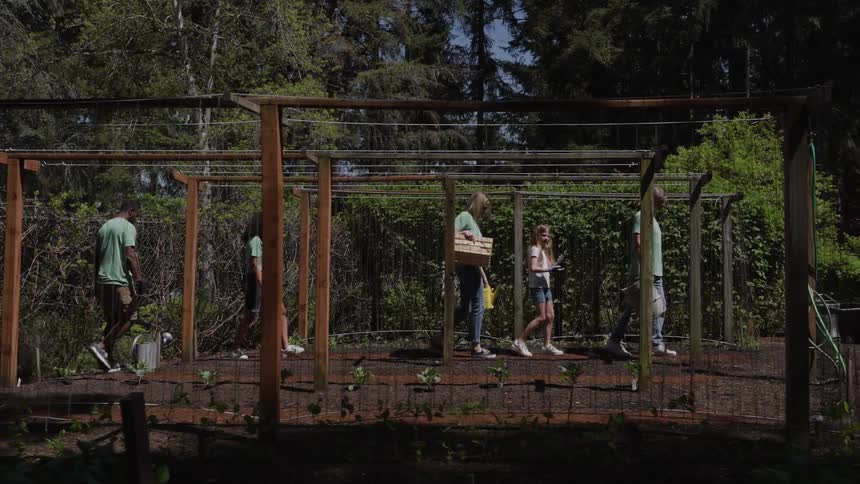 Five people including adults and a child walk slowly through a wooden trellis structure over a garden bed planted with small seedlings each person carrying various gardening supplies like a crate buckets and cans
