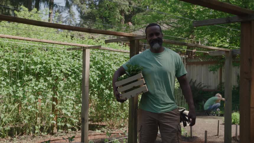 A bearded man wearing a green shirt stands in a garden plot holding a wooden crate full of harvested greens looking directly at the camera with a wooden trellis structure framing him and another person tending to plants in the background