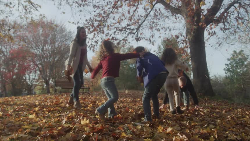 A family playing together outdoors in the leaves