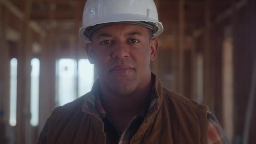 Construction worker stands in an unfinished building during the daytime and stares