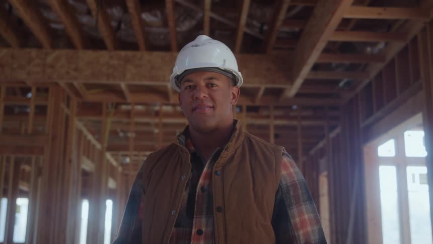 A young man wearing a hard hat and jacket stands inside a building under construction at midday