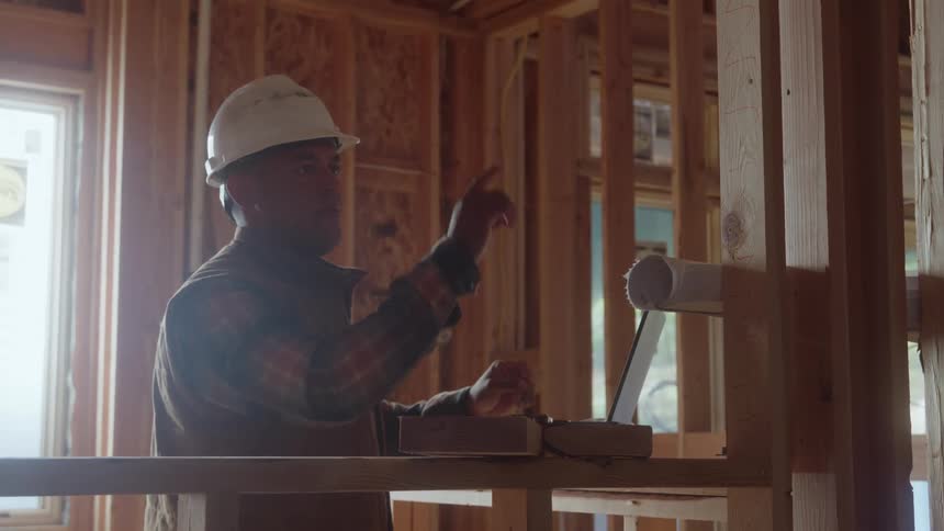 A young male construction worker using a laptop computer while working in a building under construction during daytime