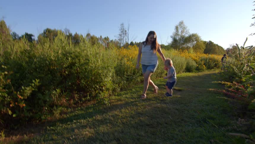 A woman holds hands with a small child as they walk down a sunny grassy path bordered by tall wildflowers and dense shrubs the scene suggests a relaxed afternoon walk through a natural rural area