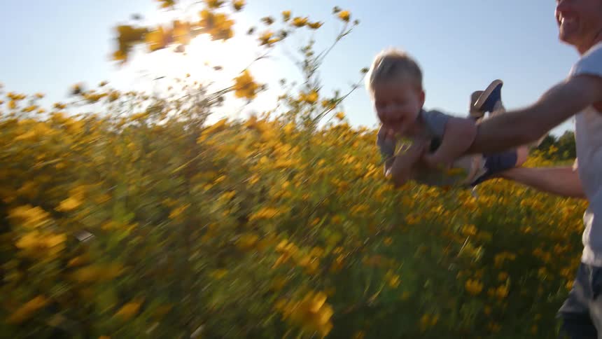 A father swings his laughing son in a field of yellow wildflowers on a sunny day