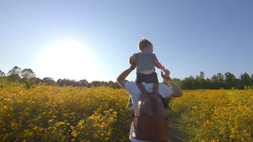 Father carries his son around his neck while walking through a field during daytime