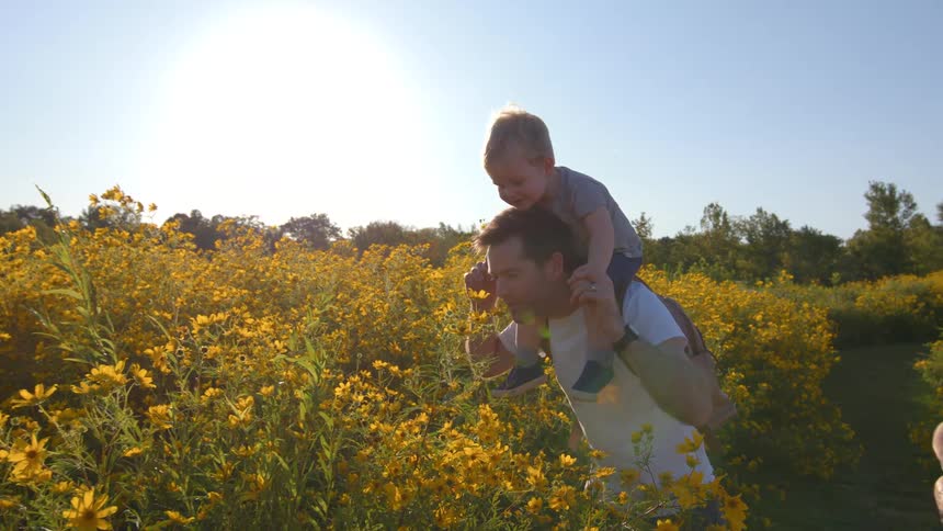 A father carrying his son on his shoulders smelling yellow flowers while beside them the mother holds their baby daughter in her arms