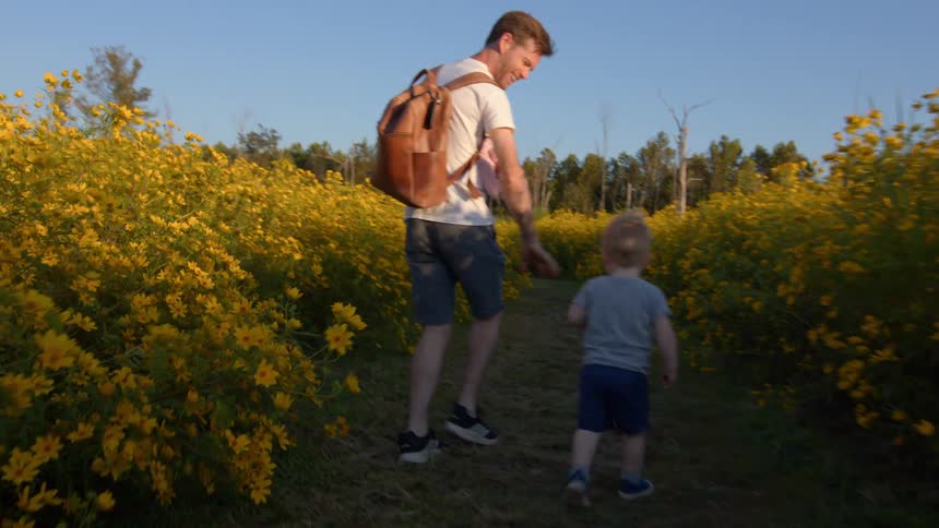 A father and his young son walking together down a dirt path away from the camera on a sunny daythey are surrounded by tall bushes of bright yellow flowers on both sides suggesting a walk or hike through a blooming field or meadow