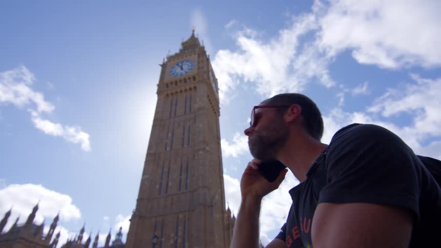 Young man wearing sunglasses talking on a smartphone on the wesminster area of london next to the big ben outdoors during day time