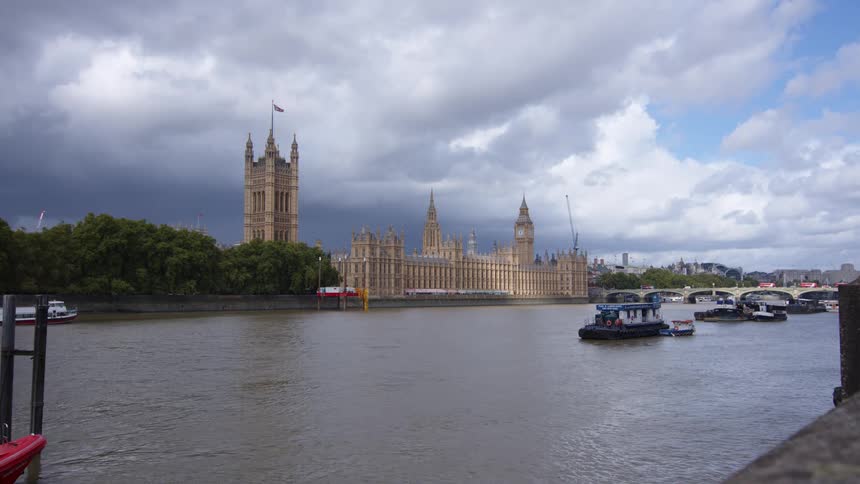 Buckingham palace seen from across the river thames surrounded by trees and boats outdoors during day time