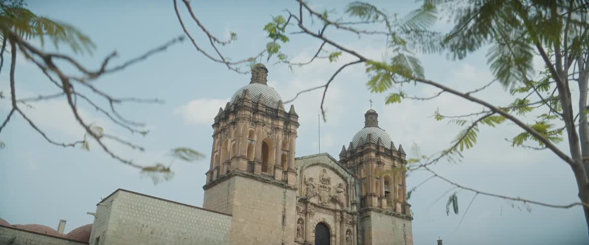 The top of a church building is seen through the trees