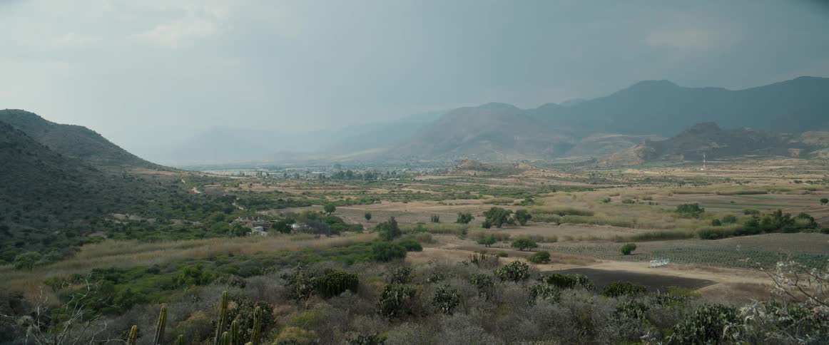 A wide stationary shot captures a sweeping semiarid valley framed by hazy layered mountains in the background with the foreground dominated by scrubby dry vegetation and tall cacti overlooking a patchwork of pale green and brown fields