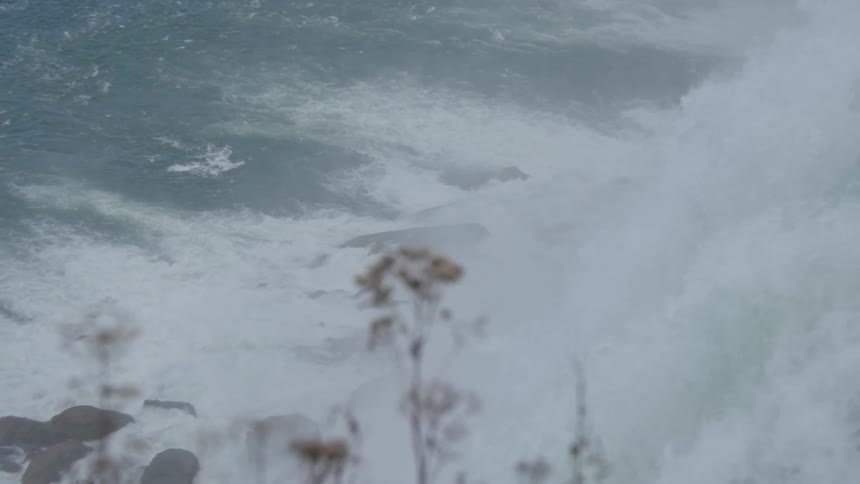 A waterfall flows into the ocean in the wild at midday